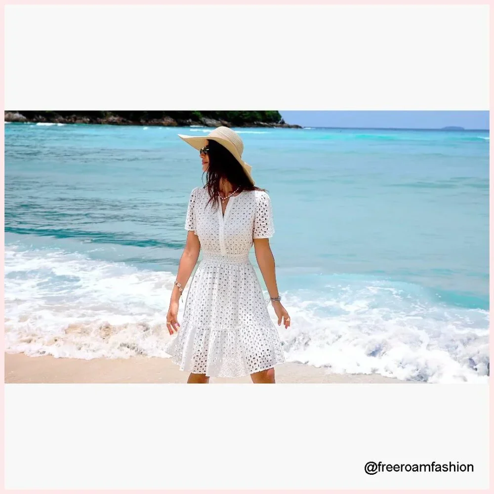 Summer A-Line V-Neck Lace Mini Dress Casual Beach Party - Picture 7 of 7